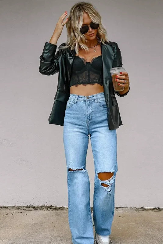Hellblo Jeans mat Used-Effekt a breede Been