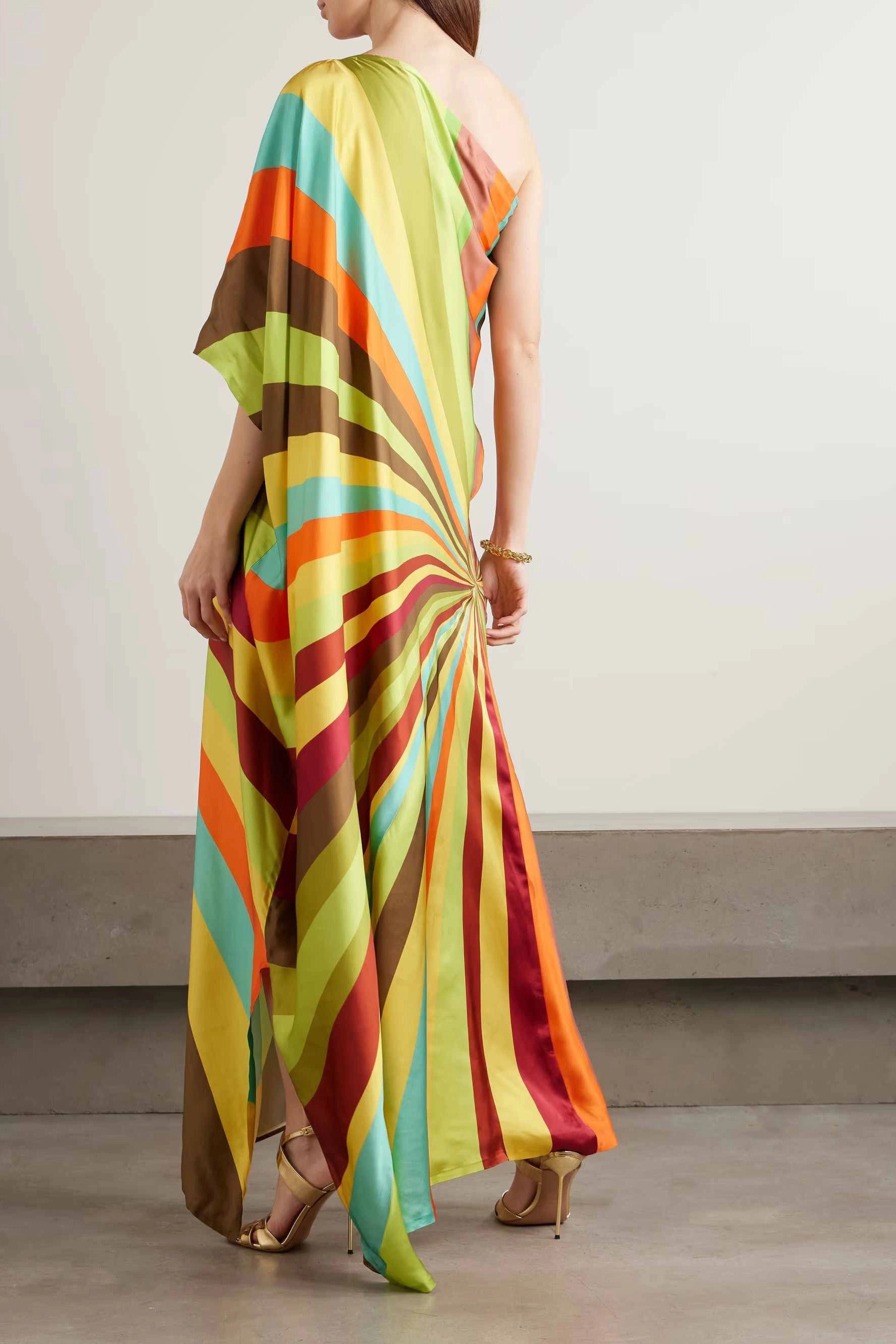 Rout Wäiss Geometrescht Gestaffelt Midi-Kleed