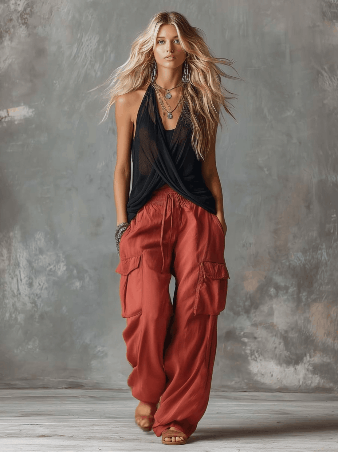 Schwaarzt Mesh V-Ausschnëtt Top & Rout Cargo-Hosen Set