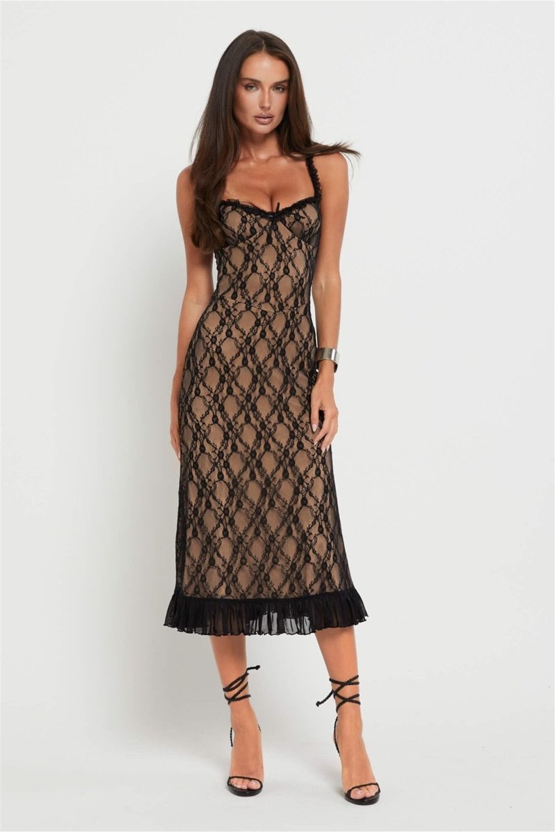 dresses - Ina Floral Lace Ruffle Maxi Dress - SD00708083323 - Black - S - Sunfere