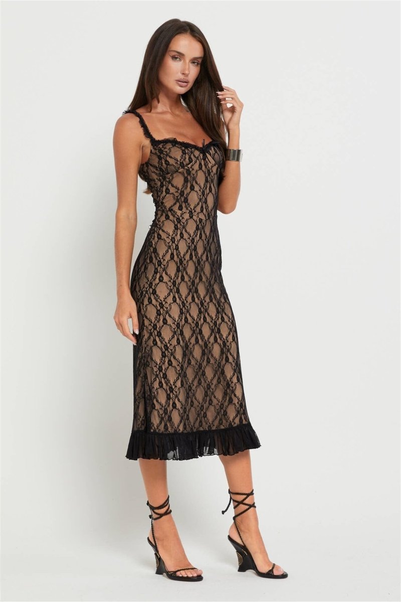 dresses - Ina Floral Lace Ruffle Maxi Dress - SD00708083323 - Black - S - Sunfere