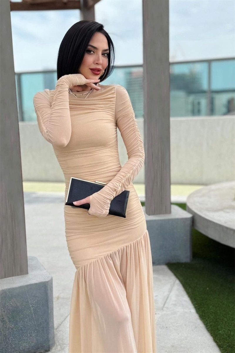 Jessie Long Sleeve Pleated Mesh Maxi Kleed