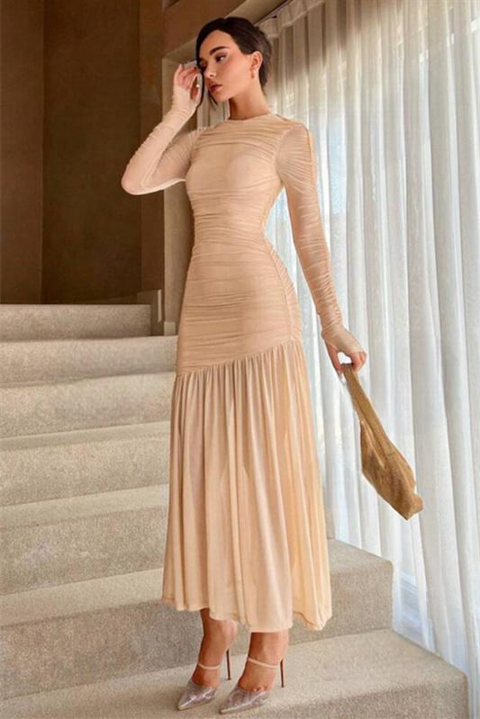 dresses - Jessie Long Sleeve Pleated Mesh Maxi Dress - SD00708123347 - Apricot - S - Sunfere