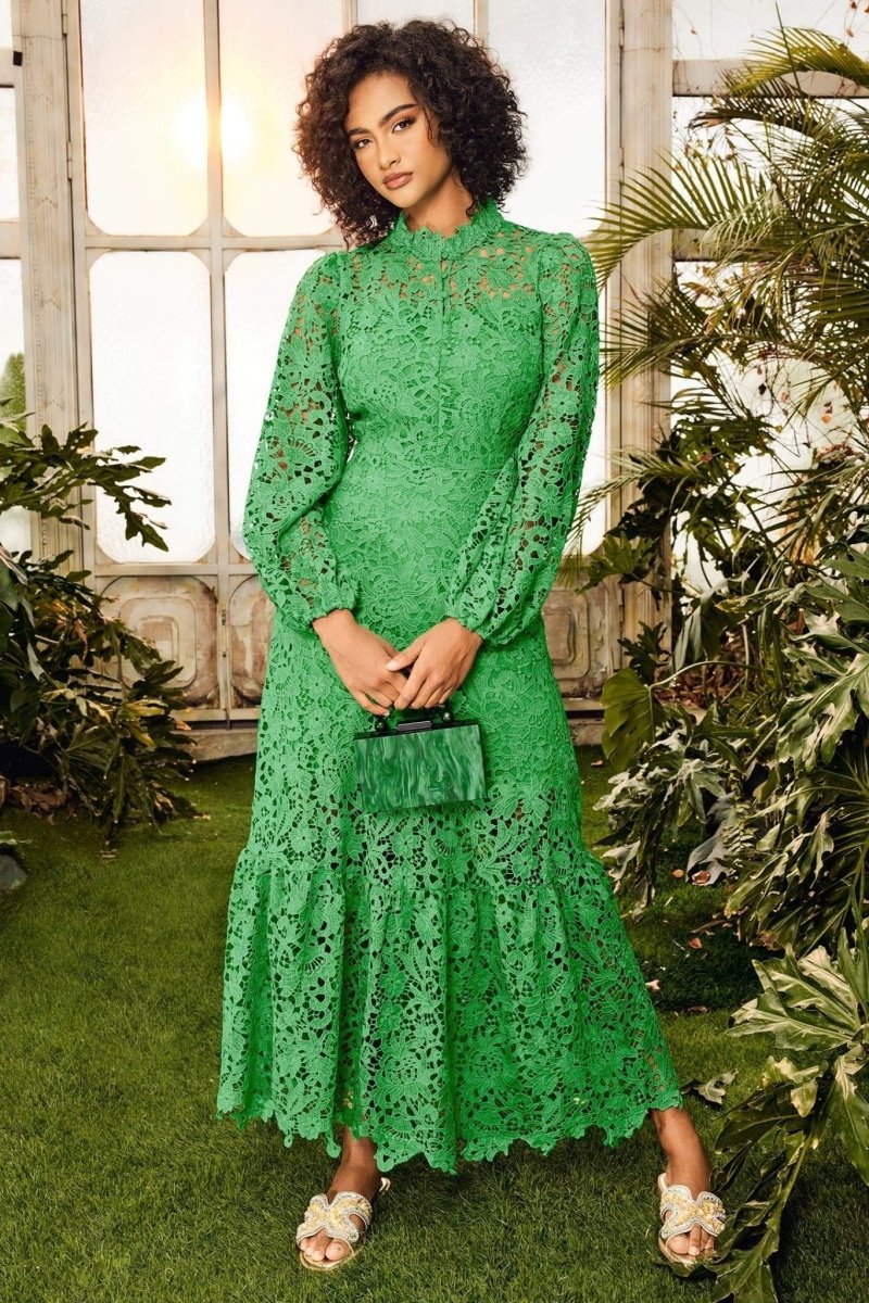 dresses-Joa Embroidered Lace Trimmed Flare Maxi Dress-SD00210061658-Green-S - Sunfere