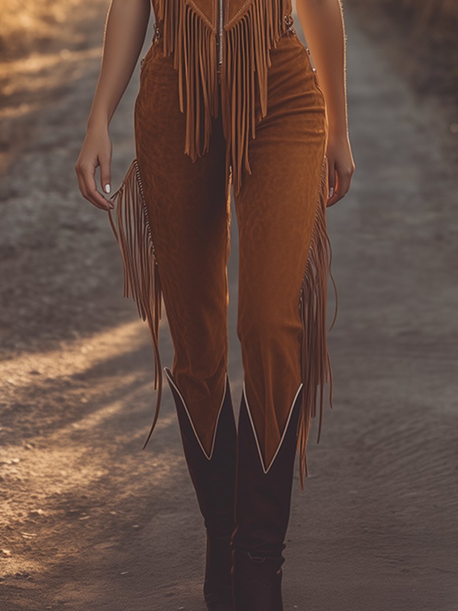 Western Jumpsuit aus brongem Wildleed mat Fransen a Weste mat Reissverschloss