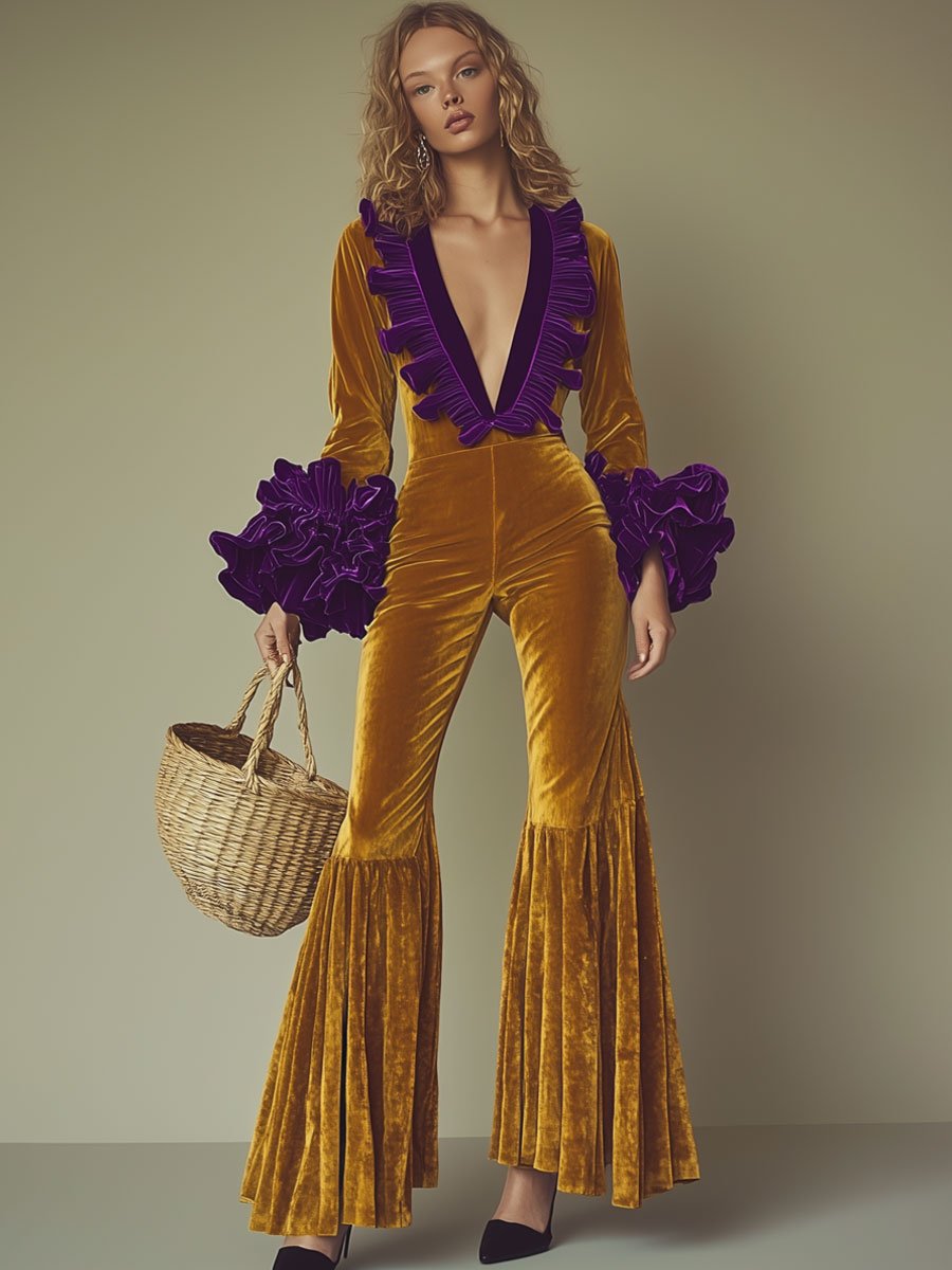 Mote Party Lilla Volang Langermet Utsvingt Gull Fløyel Jumpsuit