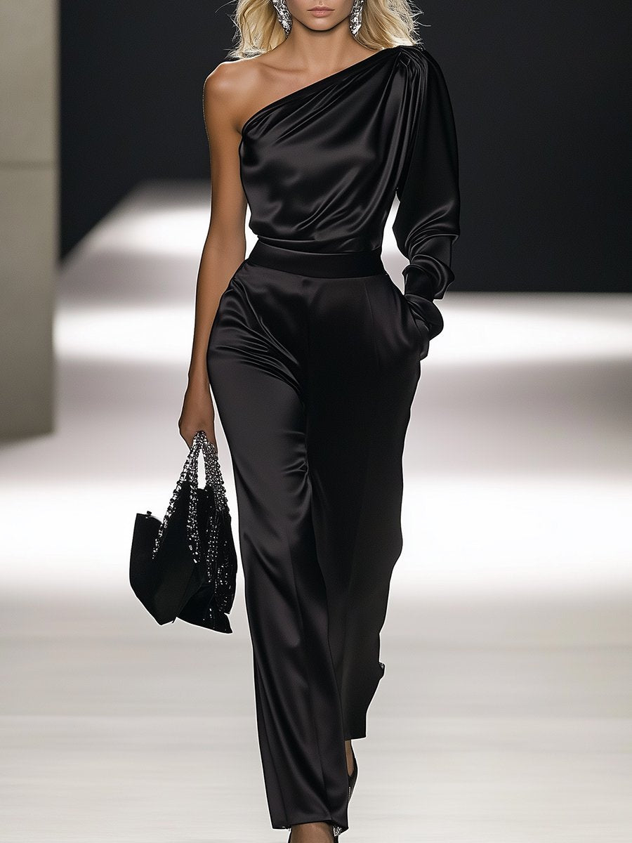 Elegant off-shoulder sateng jumpsuit med lange ermer