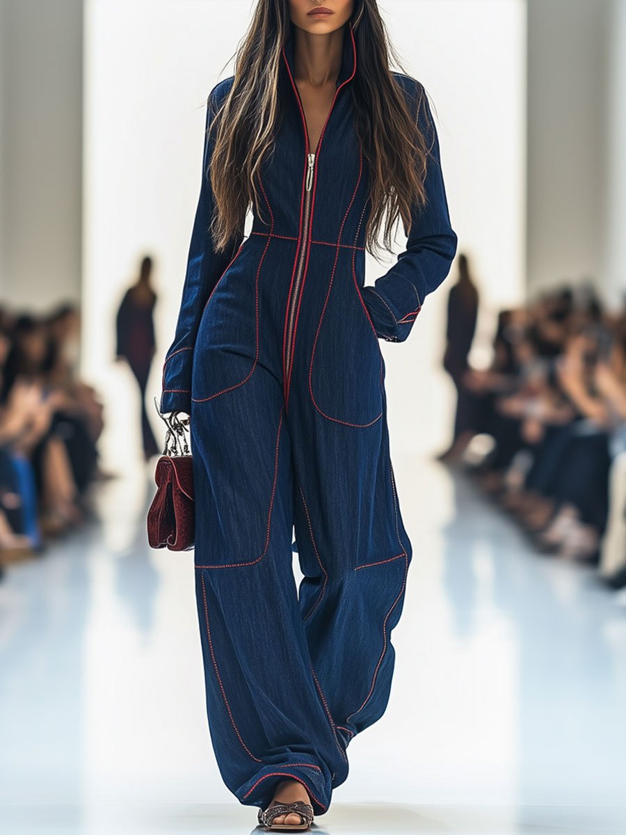 Casual løs retro rød toppsydde denim vid bukse med lange ermer jumpsuit