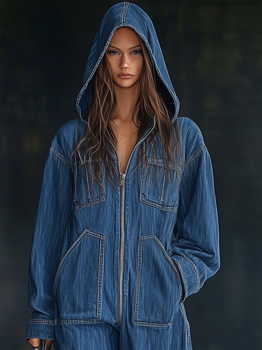 Casual løs retro lomme langermet hettejakke med glidelås denim jumpsuit