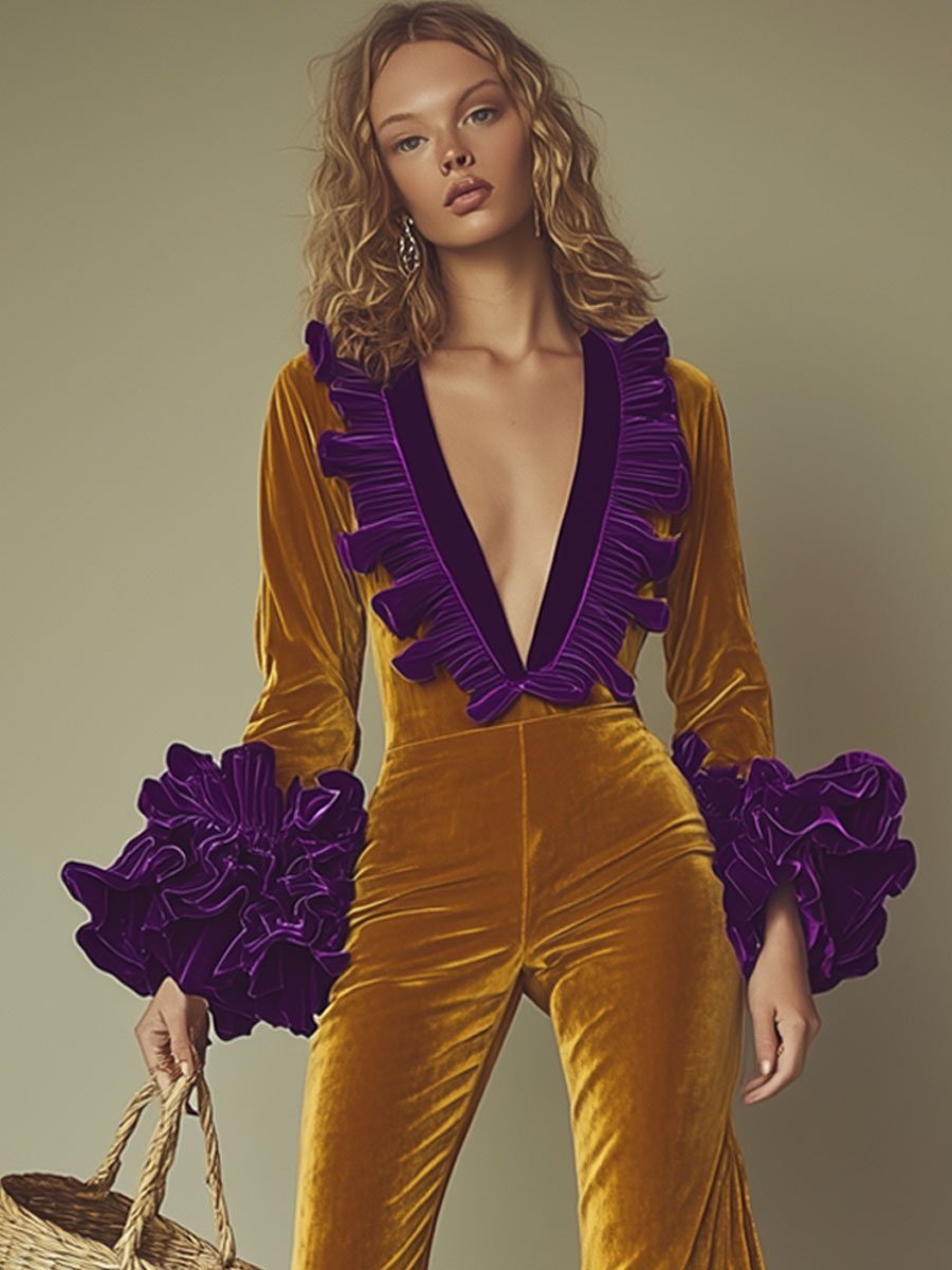 Fashion Party lilla flæse langærmet vid guld fløjl jumpsuit