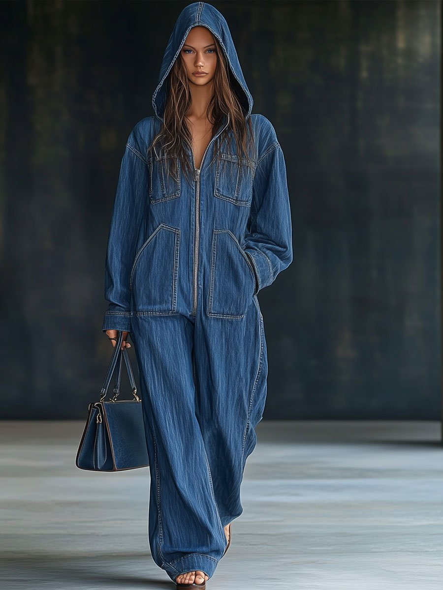 Casual løs retro lomme langermet hettejakke med glidelås denim jumpsuit