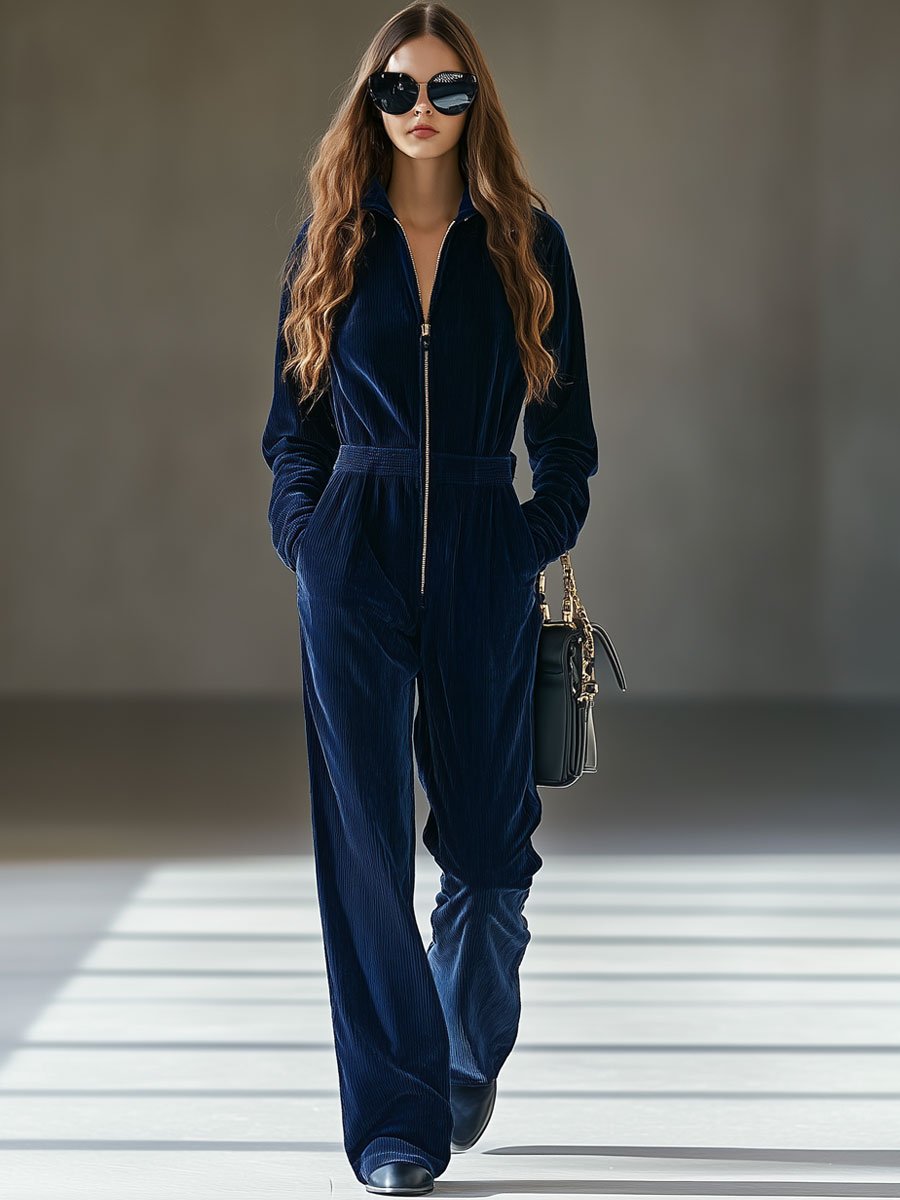 Casual løs vintage kordfløyel jumpsuit med elastisk midje og glidelås