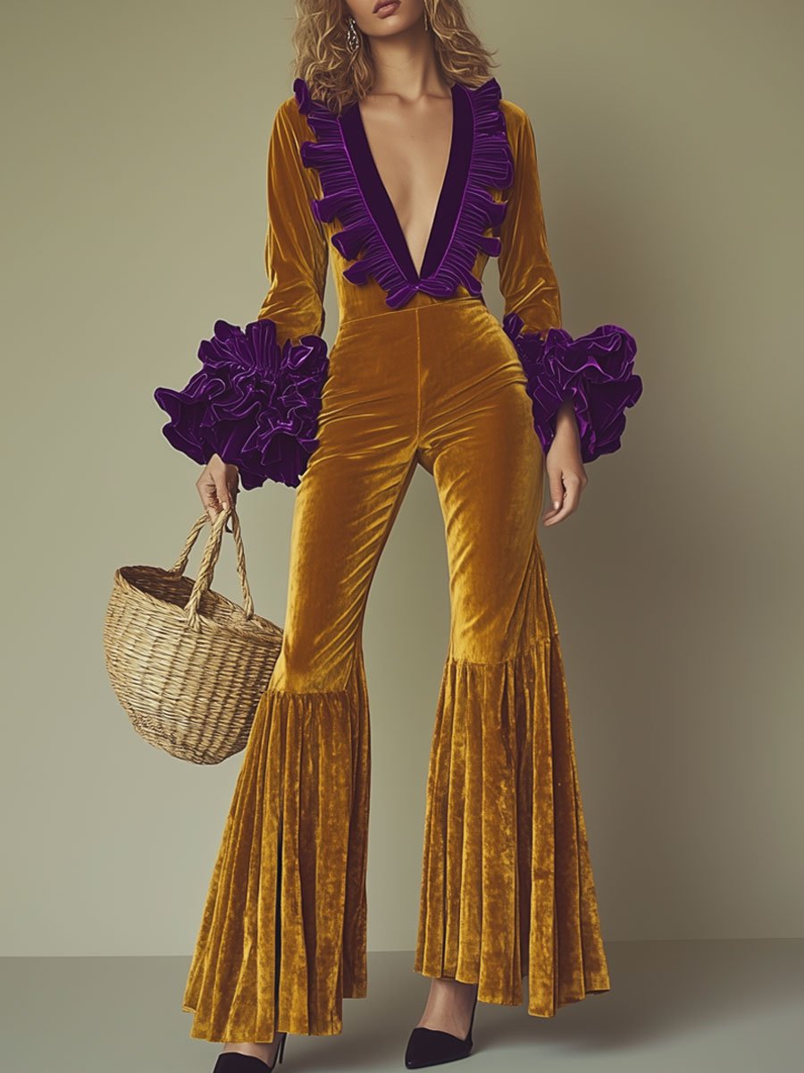Mote Party Lilla Volang Langermet Utsvingt Gull Fløyel Jumpsuit