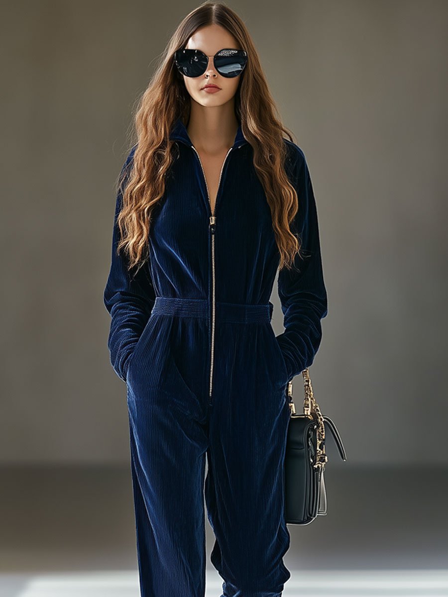 Casual løs vintage kordfløyel jumpsuit med elastisk midje og glidelås