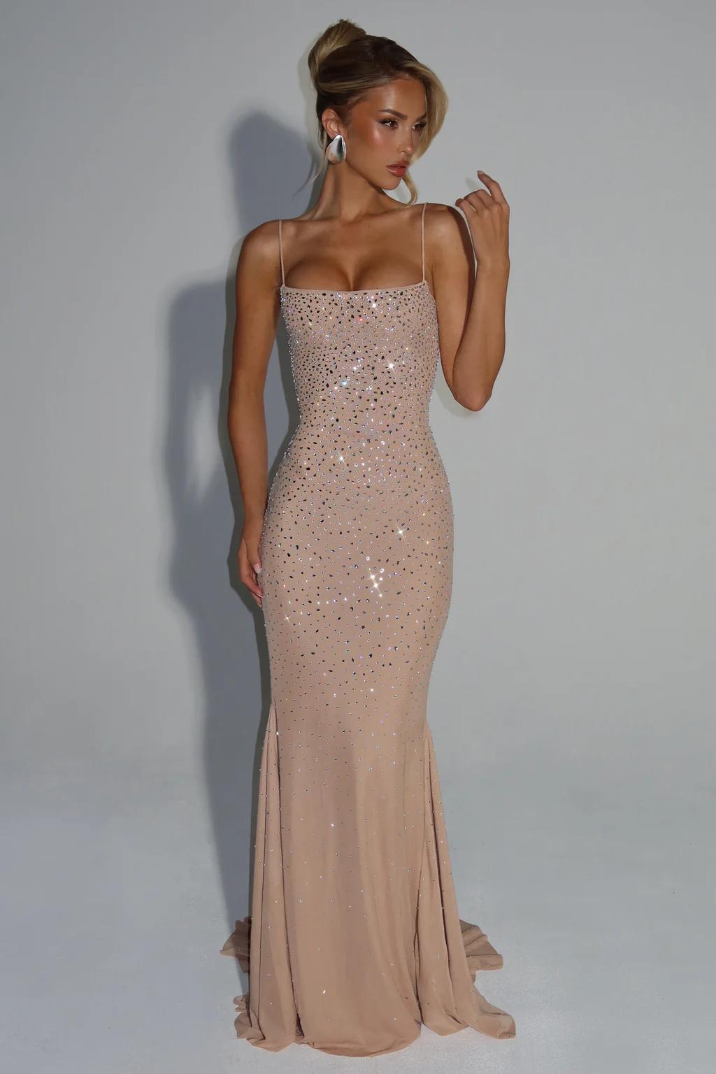 Nude Crystal Embellished Spaghetti Strap Mermaid Gown