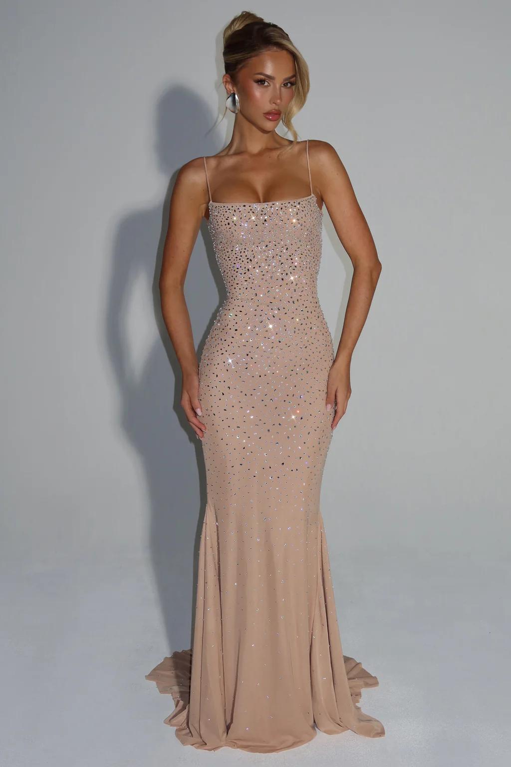 Nude Crystal Embellished Spaghetti Strap Mermaid Gown