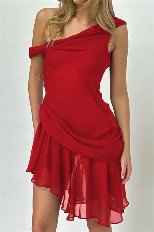 dresses - Marina One - shoulder Chiffon Mini Dress - SD00607053059 - Red - S - Sunfere