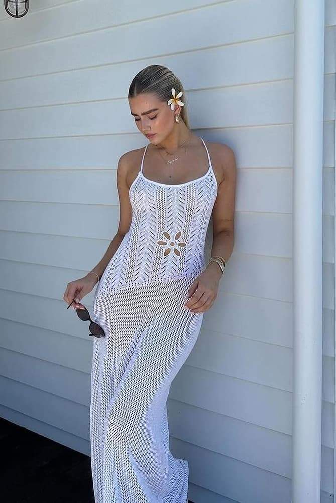 Marjorie Blummen ausgeschniddene Crochet Maxi Kleed