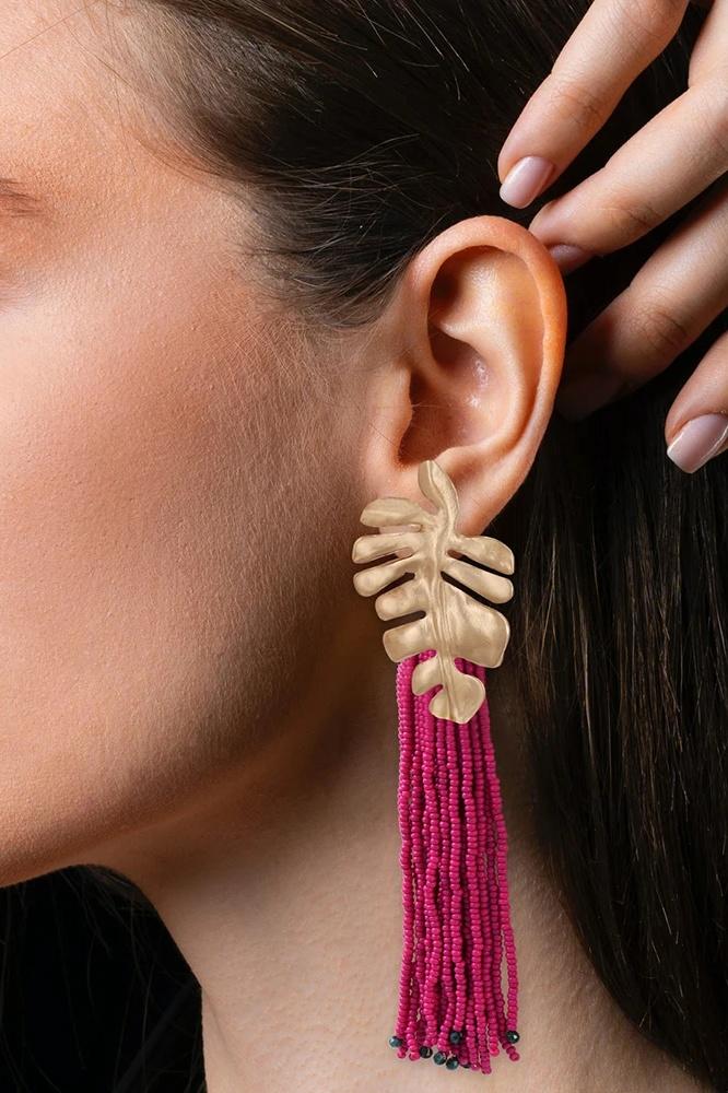 Palm Frond Beads Tassel Earring-Sunfere