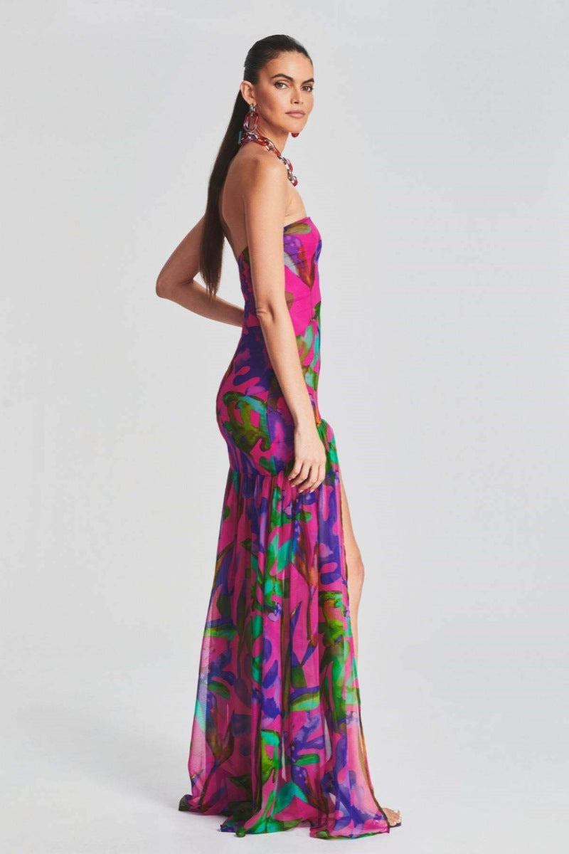 Pam Printed Stroppeløs Slit Maxi Dress