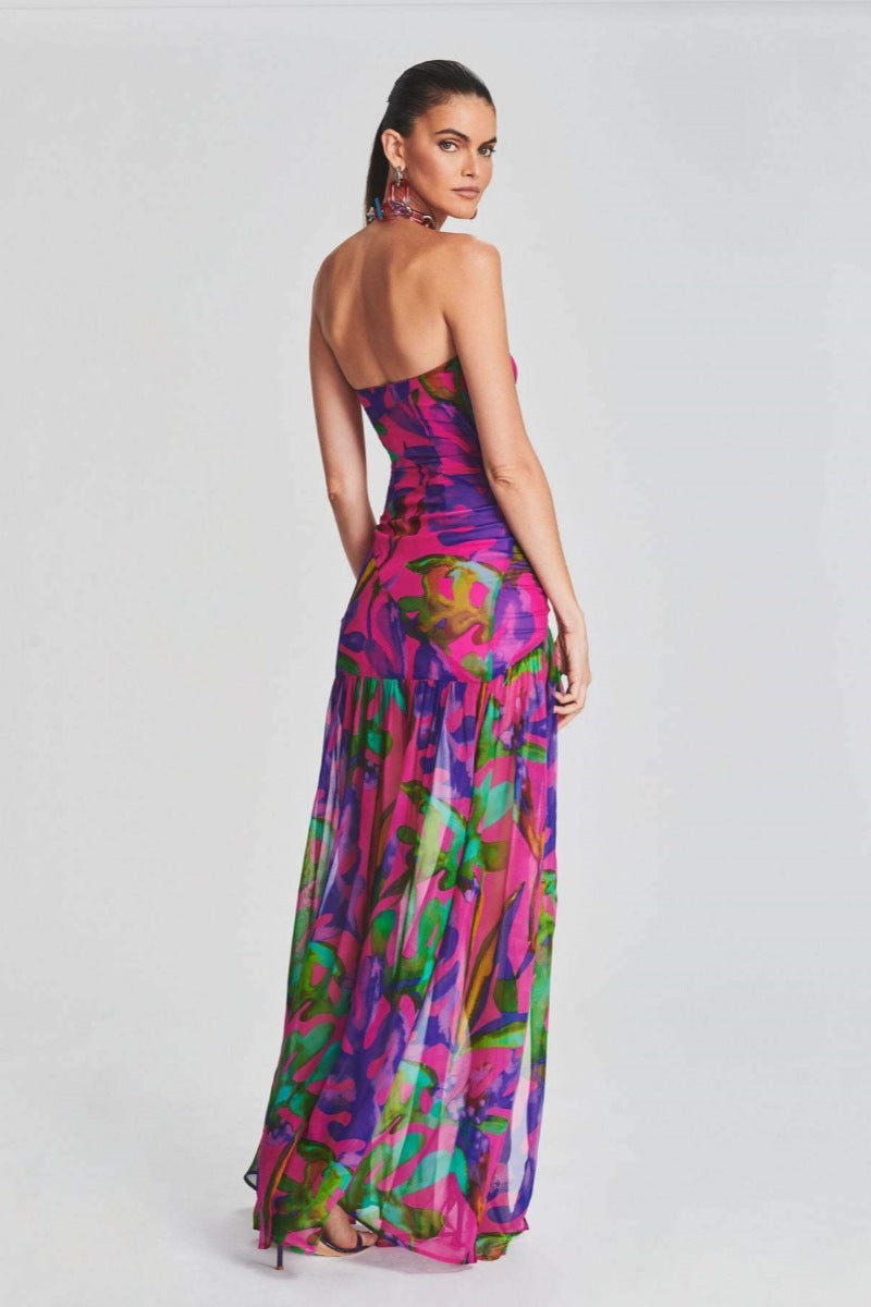 Pam Printed Stroppeløs Slit Maxi Dress