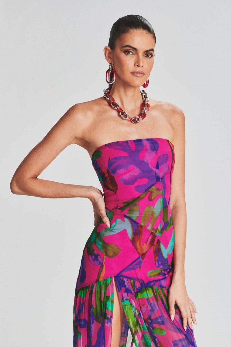 Pam bedrukte strapless split maxi-jurk