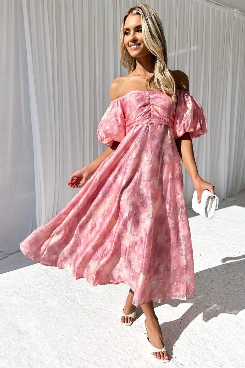 dresses-Patricia Off-shoulder Puff Sleeve Midi Dress-SD00605312856-Pink-S - Sunfere