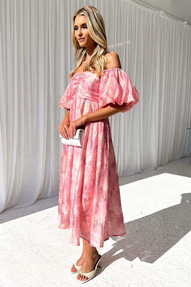 dresses-Patricia Off-shoulder Puff Sleeve Midi Dress-SD00605312856-Pink-S - Sunfere