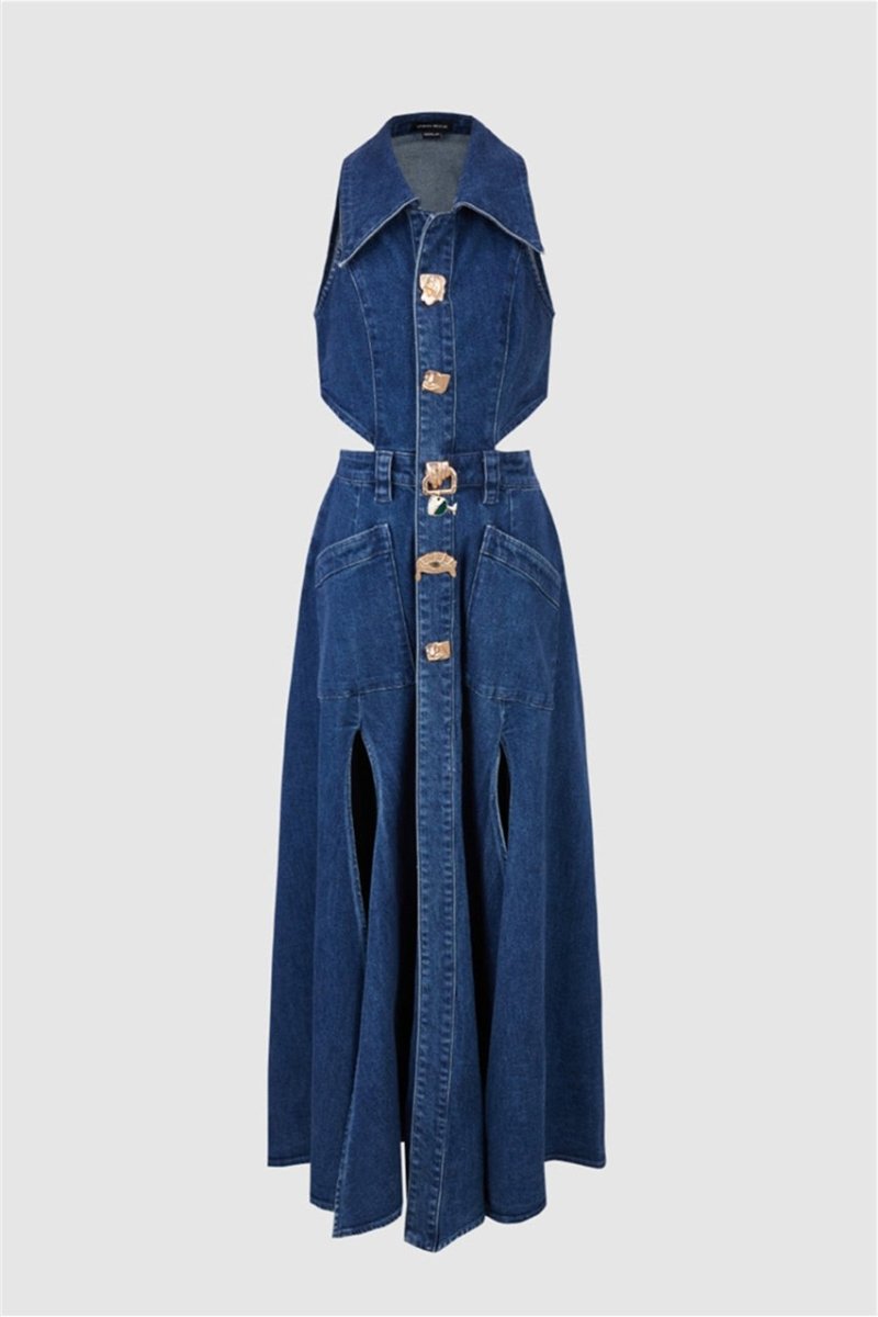 Regina Lapel Collar Cut-out Denim Maxi Kleed