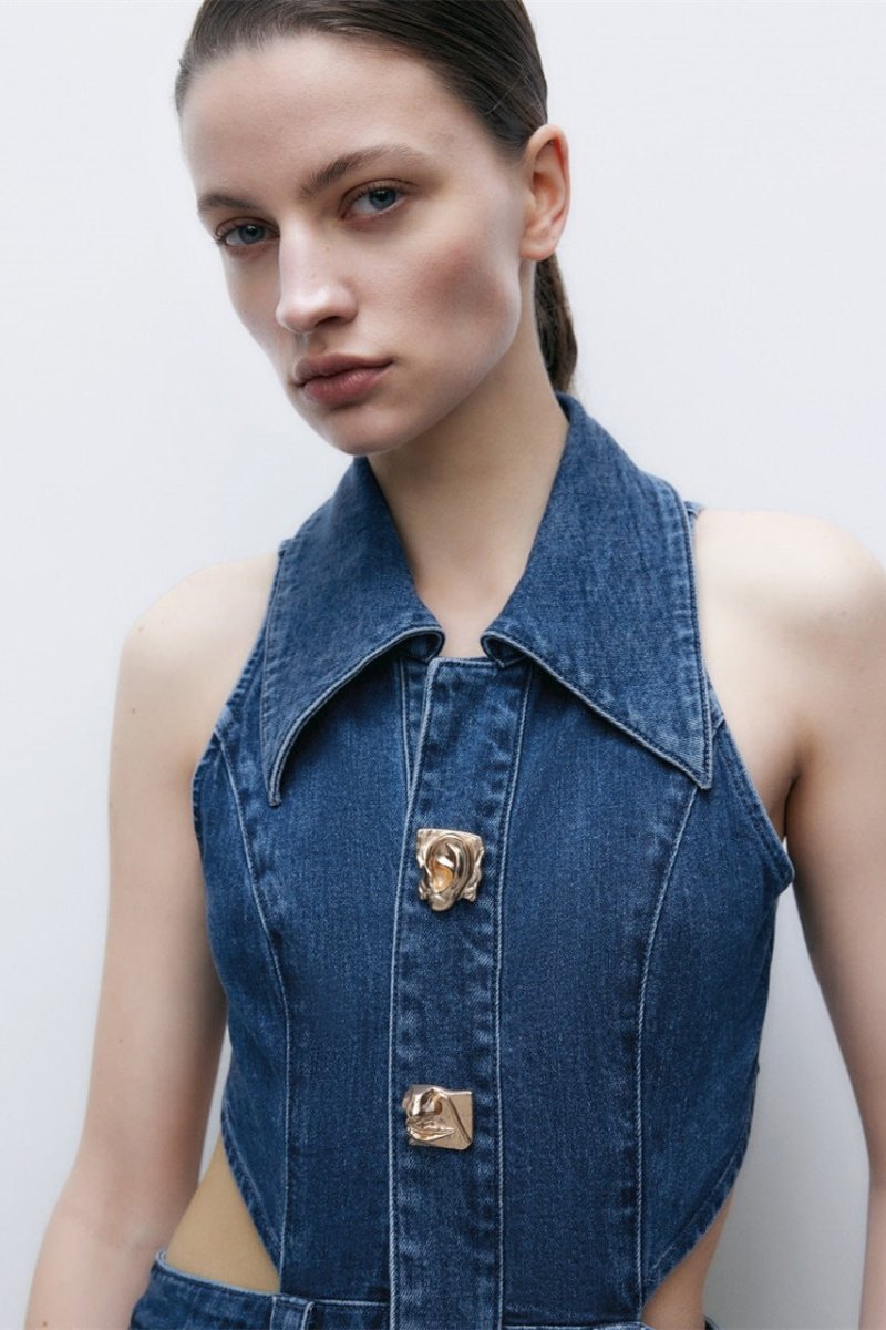 Abito lungo in denim con colletto a revers e cut-out Regina