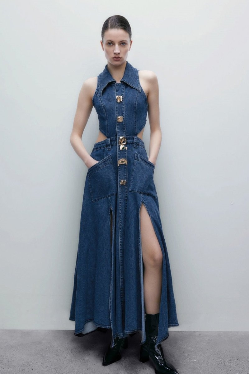 dresses - Regina Lapel Collar Cut - out Denim Maxi Dress - SD00707313251 - Blue - S - Sunfere