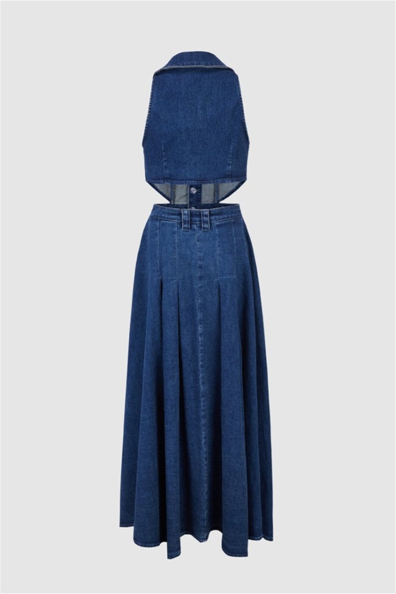 Regina Lapel Collar Cut-out Denim Maxi Kleed