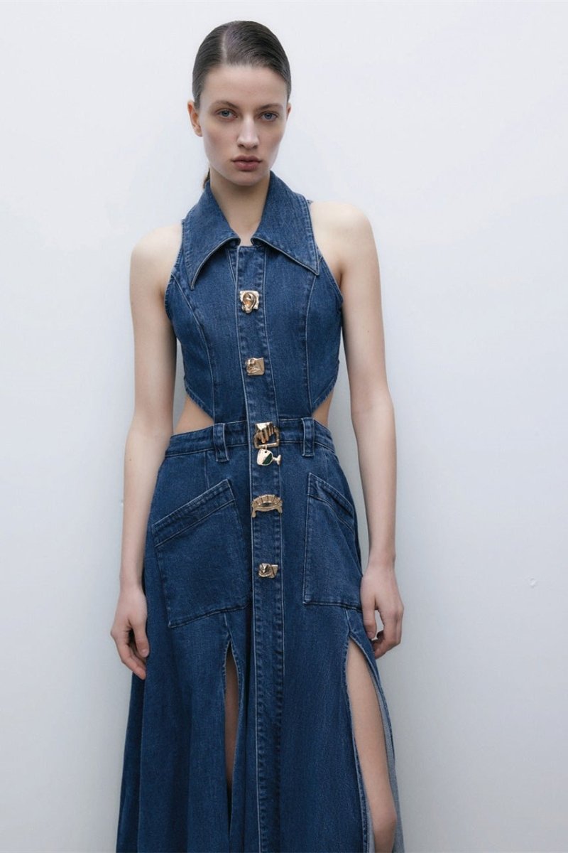 Abito lungo in denim con colletto a revers e cut-out Regina