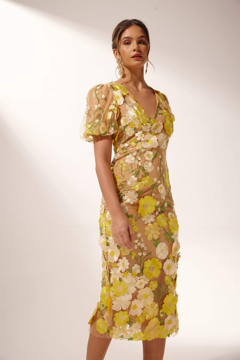 dresses - Sally V - neck Floral Midi Dress - SD00607043017 - Yellow - S - Sunfere