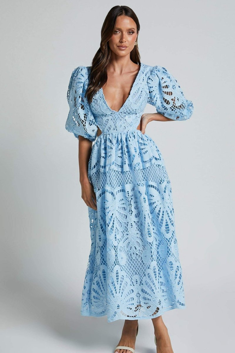 dresses-Sandra Embroidered Lace Cut-out Midi Dress-SD00604302756-Blue-S - Sunfere