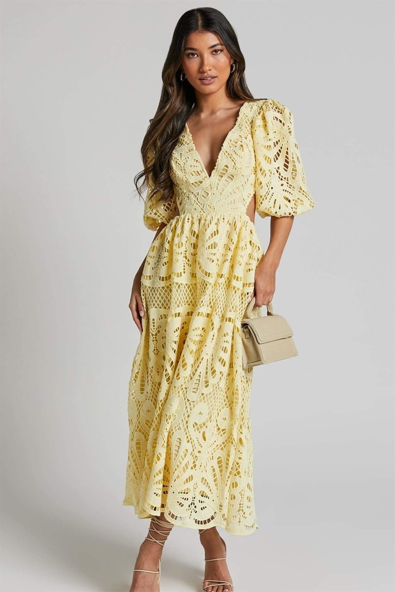 dresses-Sandra Embroidered Lace Cut-out Midi Dress-SD00604302756-Yellow-S - Sunfere