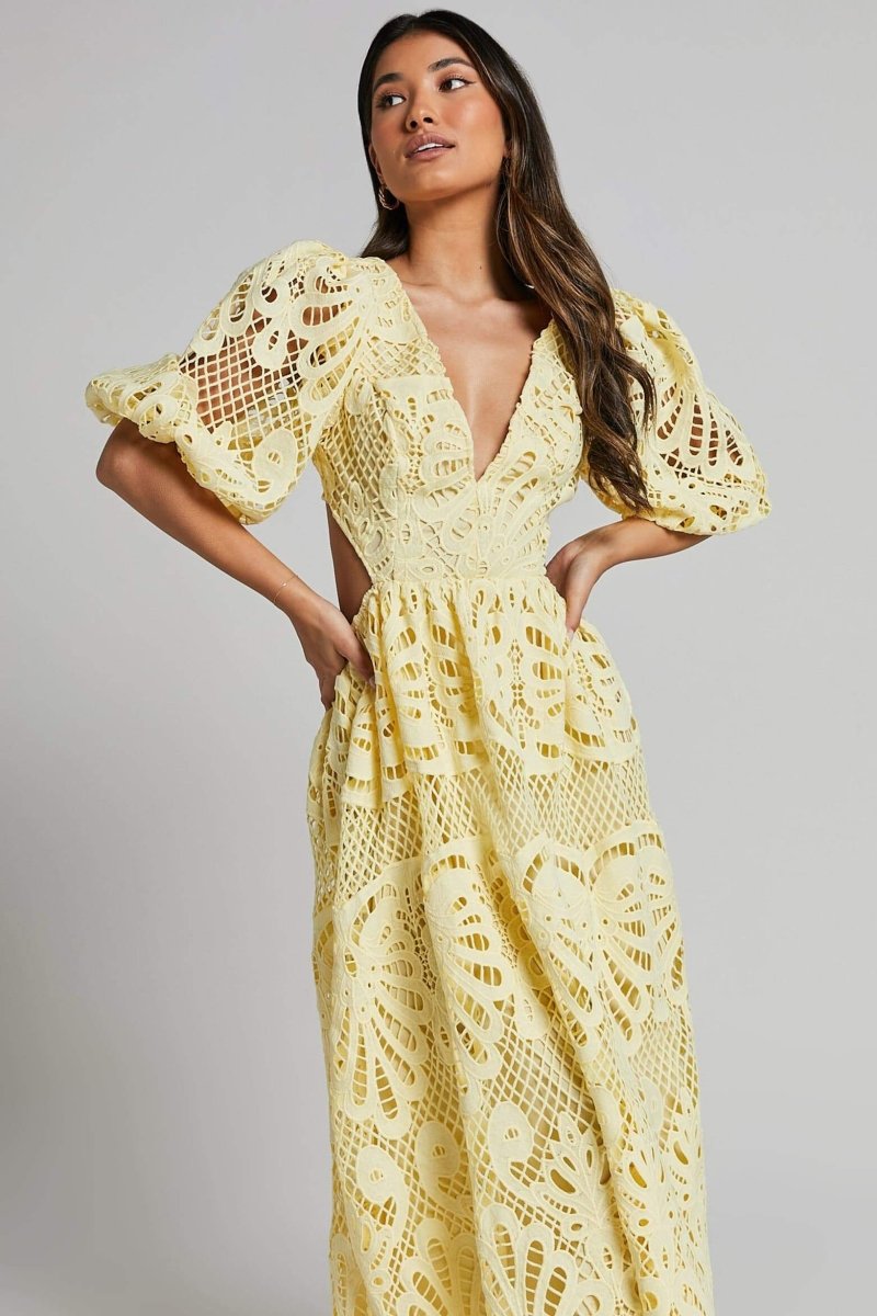 dresses-Sandra Embroidered Lace Cut-out Midi Dress-SD00604302756-Yellow-S - Sunfere