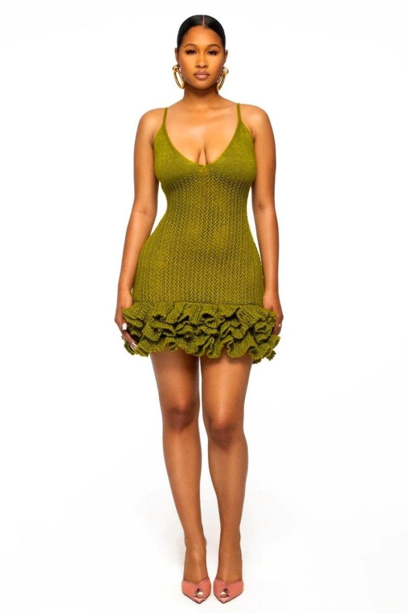 dresses - Sara V - neck Ruffle Hem Knit Mini Dress - SD00708143363 - Green - S - Sunfere