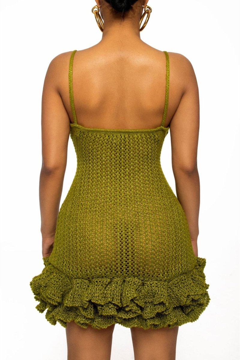 dresses - Sara V - neck Ruffle Hem Knit Mini Dress - SD00708143363 - Green - S - Sunfere