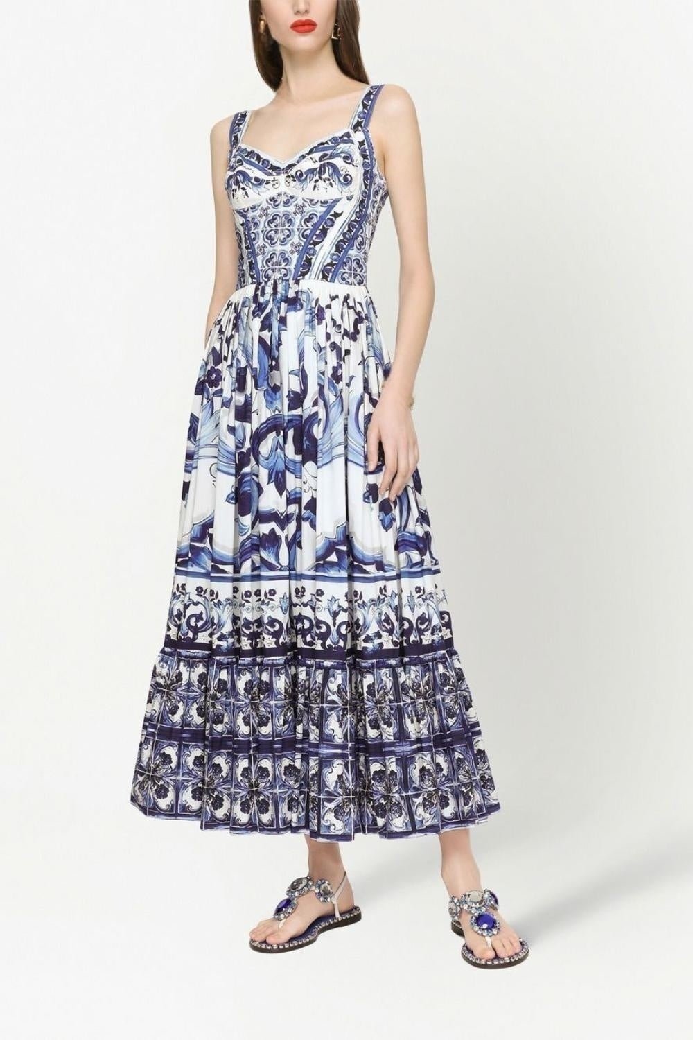 dresses-Sibyl Printed Shirred Strap Maxi Dress-SD0020627642-Blue-S - Sunfere