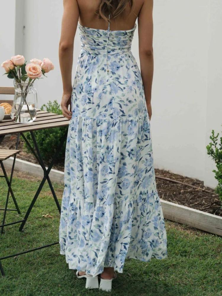 Vestido largo de verano con cuello halter y estampado floral de Sue