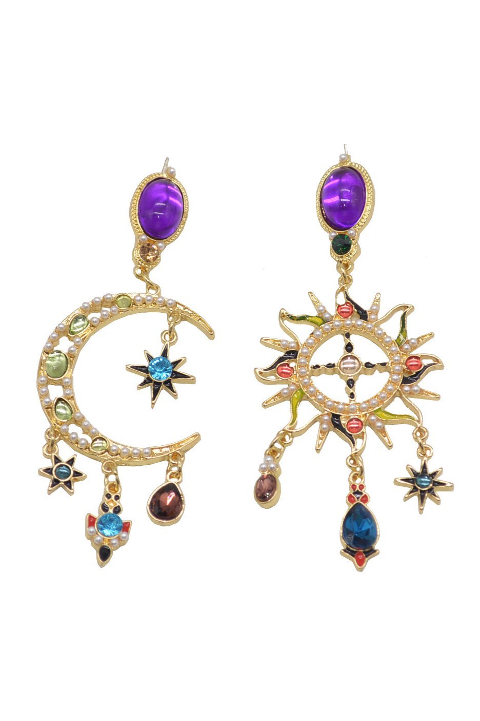 Boucles d'oreilles longues asymétriques Soleil et Lune