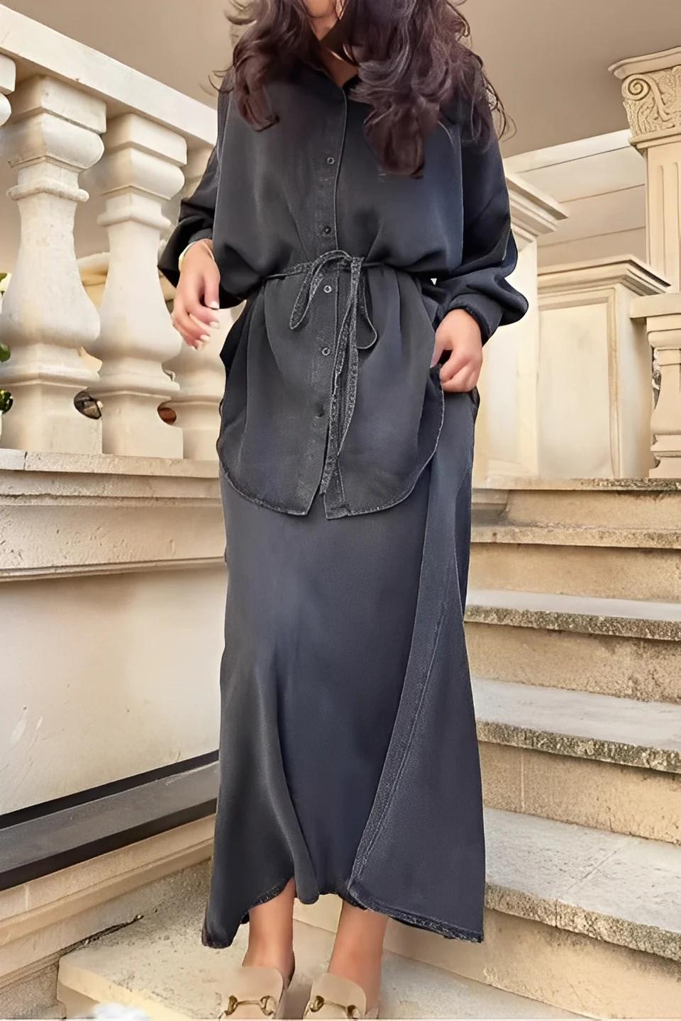 Charcoal Drape Shirt Skirt Set