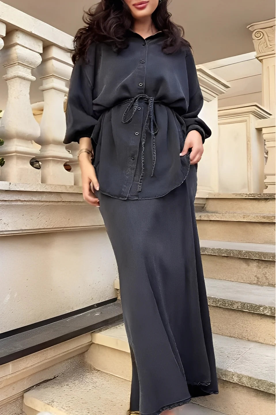 Charcoal Drape Shirt Skirt Set