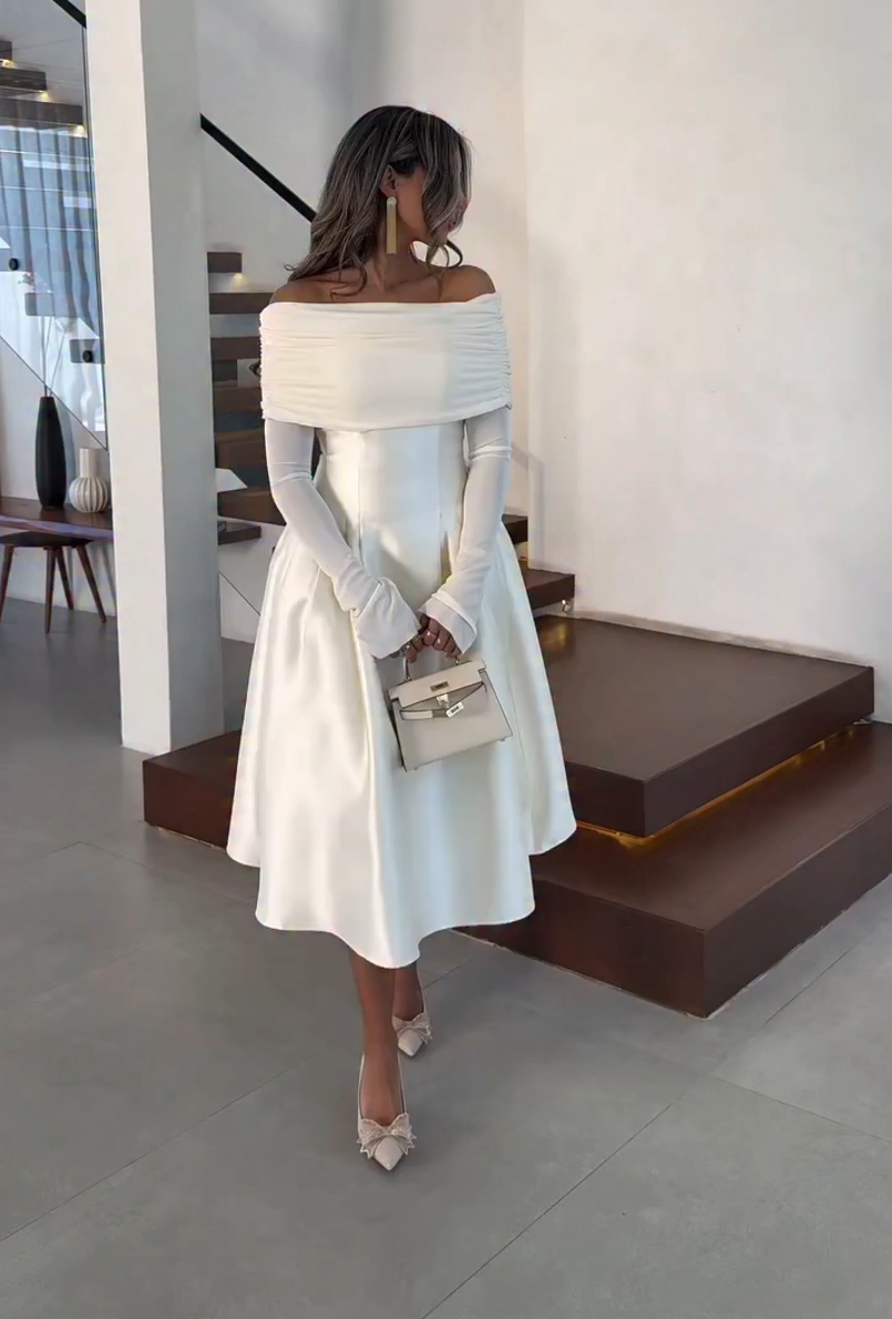 Ethereal Off Shoulder Sheer Sleeves Midi Dress