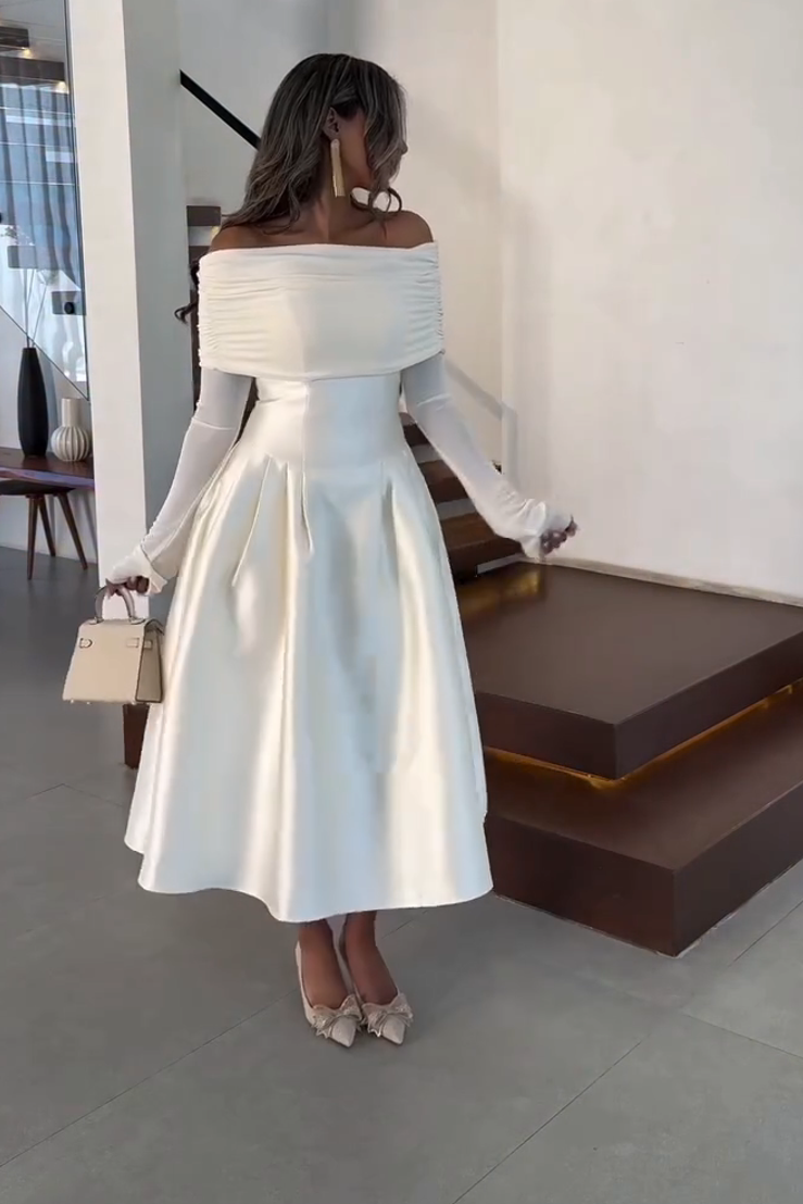 Ethereal Off Shoulder Sheer Sleeves Midi Dress