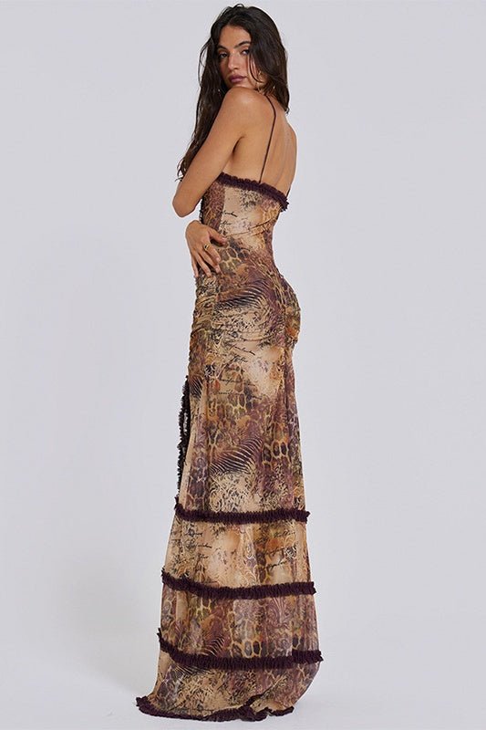 Yuri Printed Cut-out Ruffle Slip Maxi Dress-Sunfere